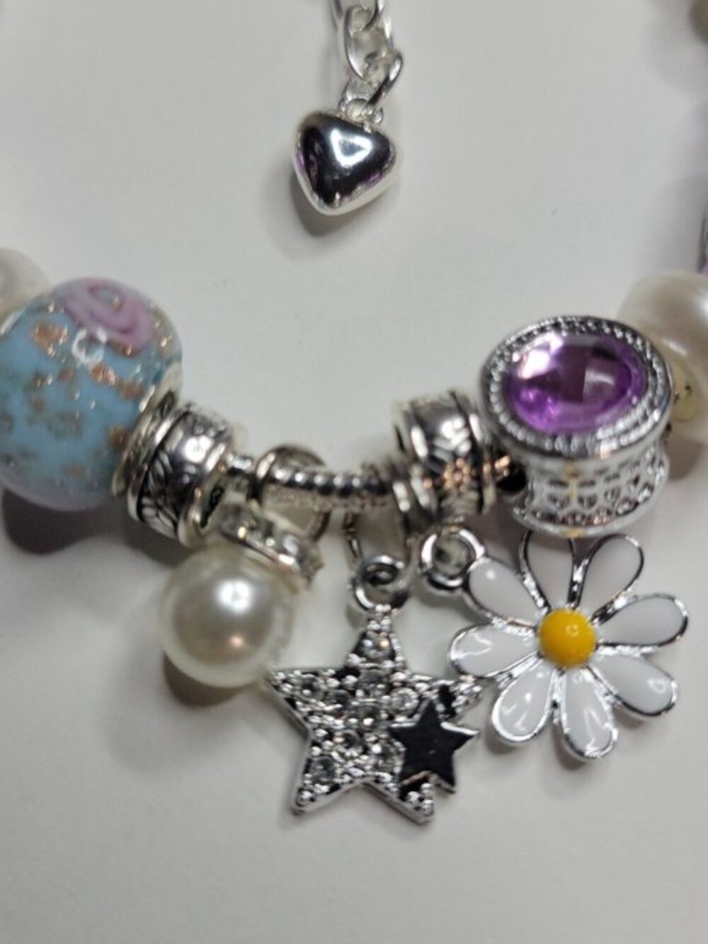 New Pandora Style Charm Bracelet Purple Silver Color White Daisy Stars Hearts - Picture 4 of 7